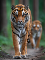 Fototapeta premium Bengal Tiger Walking Towards Camera in Forest Path