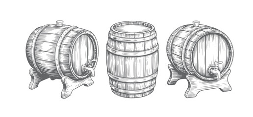 Rustic wooden barrels with tap in vintage engraving style. Antique oak barrels collection with detailed sketch © Artverza