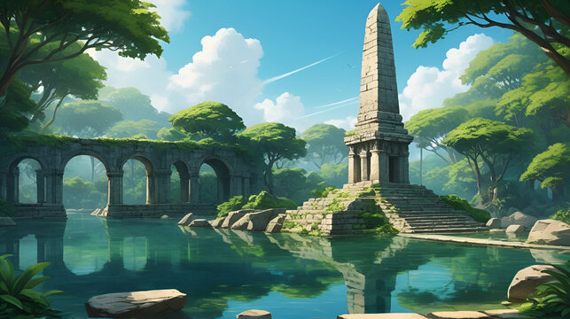 Ancient stone structures, lush greenery, calm water. Cenotaph. Illustration