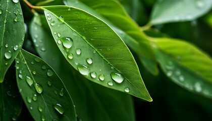close up of green leaves with water droplets after the rain