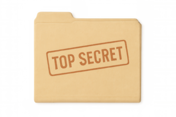 Manila folder with top secret stamp containing confidential documents isolated on transparent background, representing data protection and privacy