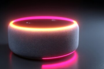 Modern smart speaker with glowing neon light, perfect for home automation and voice control in a smart home setting