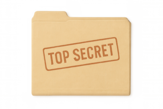Manila folder with top secret stamp containing confidential documents isolated on transparent background, representing data protection and privacy