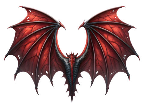 Detailed red dragon wings isolated on transparent background