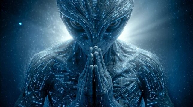 Alien being in divine trance with torso composed of sigils and code strings, eyes closed, surrounded by a mystical atmosphere