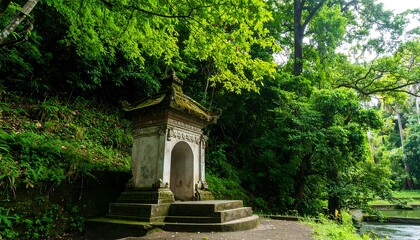 Fototapeta premium Ancient stone gazebo nestled within a lush forest.