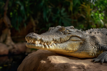 Obraz premium Crocodile Resting on Sunlit Rock with Slight Smile