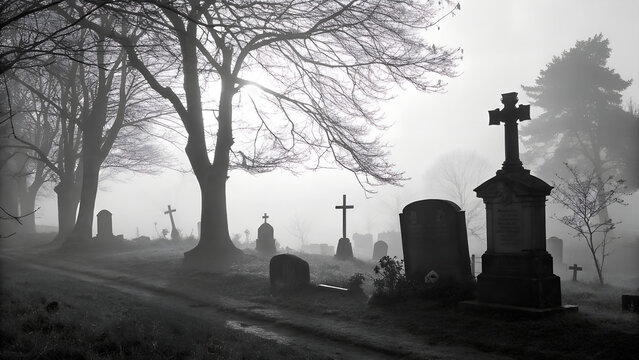 Foggy cemetery scene featuring gravestones and trees, creating a haunting atmosphere with shadows and mist, evoking feelings of reflection and remembrance