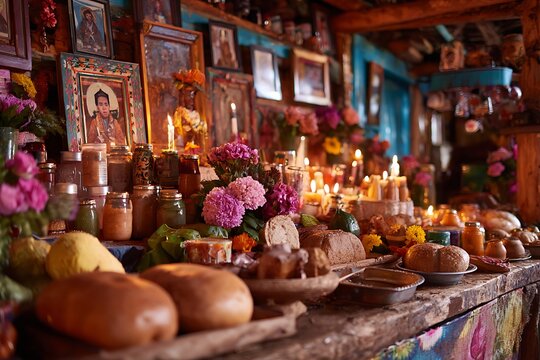 Ofrenda for day of the dead illuminating portraits of loved ones