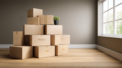 Moving day concept – Cardboard boxes stacked in empty room with sunlight. Horizontal.