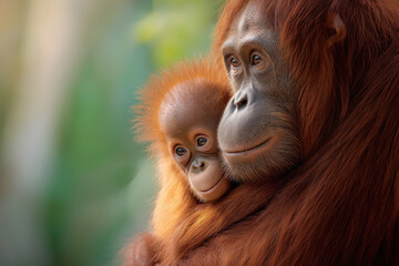Fototapeta premium Mother Orangutan Gently Holding Her Baby Close