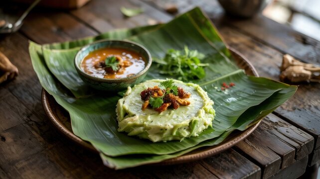 Uganda Traditional Matooke and gnut sauce in banana leaves. The matooke should be on the side and the peanut sauce on the side.