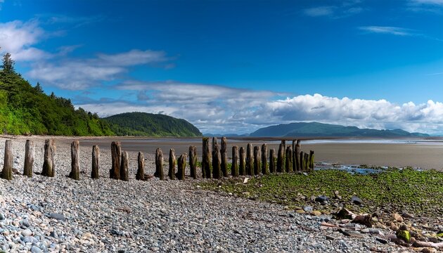 weathered wooden pilings stand at low tide on a pebbly beach against a backdrop of lush greenery and distant mountains under a bright partly cloudy sky - Powered by Adobe