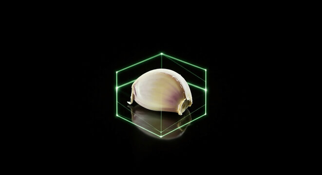 Plump garlic clove with a vibrant green hexagonal aura, showcasing a futuristic and healthy food concept with a sleek reflection on a black background.
