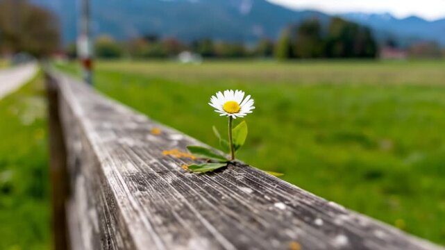 Single Daisy Growing Through Wooden Fence Rail in Green Meadow Scenic View With Mountains on Horizon