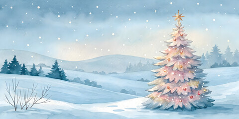 Fototapeta premium Watercolor winter landscape with a decorated Christmas tree and falling snow image