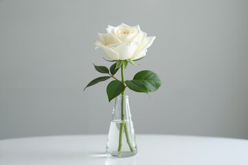 Fototapeta premium Elegant white rose in glass vase on minimalist table 