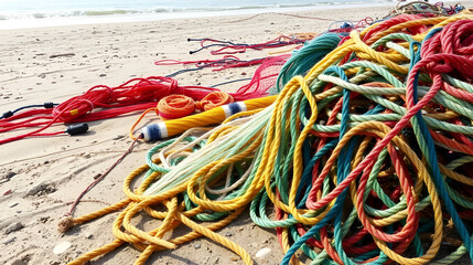 Colorful ropes and fishing nets of the fishermen left on the beach