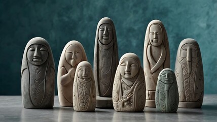 A collection of carved stone figurines with serene facial expressions on a neutral surface display