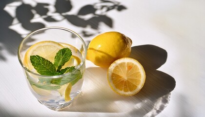 a refreshing drink with lemon slices and mint on a white table with leaf shadows in a glass cup
