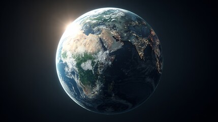 Fototapeta premium Stunning Earth view in space. Visible continents, oceans, and city lights illuminated by the sun