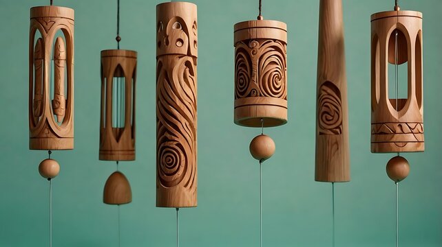 A collection of wooden wind chimes with intricate carvings hanging against a teal background - Powered by Adobe