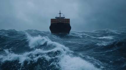 A large cargo ship navigates through tumultuous waves under a stormy sky, showcasing the power of nature and maritime challenges.