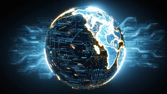 Futuristic glowing digital Earth with circuit patterns representing global technology and connectivity - Powered by Adobe
