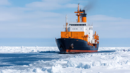 Fototapeta premium A large icebreaker ship navigates through icy waters, showcasing its powerful presence against a backdrop of blue sky and frozen landscapes.