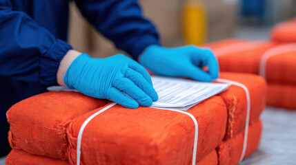A person wearing blue gloves handles packages wrapped in orange material, likely preparing documentation for shipping or inspection.