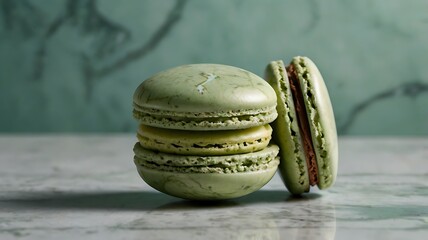 A stack of three green macarons with one leaning against it on a marble surface and green background