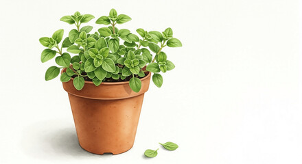 Hand-drawn watercolor illustration of a fresh oregano plant in a terracotta pot. Botanical drawing of a fragrant culinary herb isolated on a white background.