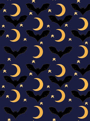 Mystical night seamless pattern with gold moon, black bats and yellow stars