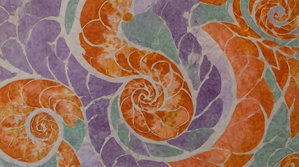 Abstract mosaic pattern with orange spirals and purple and green shapes on white background