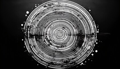white concentric circles with grunge texture on a black background creating a striking contrast effect