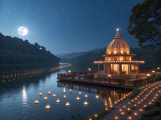 Obraz premium Magical moonlit temple overlooking a river with floating lanterns