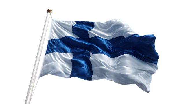 A waving finland flag with a blue nordic cross on a white background against a black background
