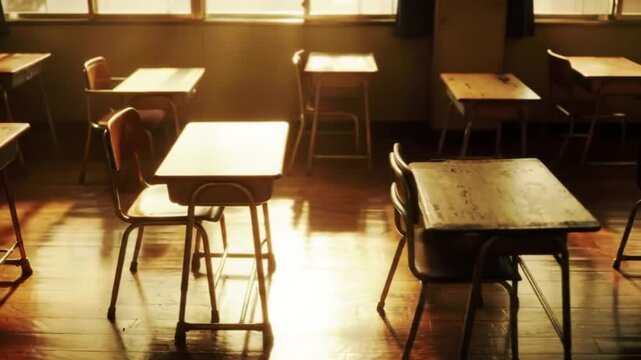 Row of school chairs and desks in an empty classroom, golden sunlight reflecting off the polished floor.
