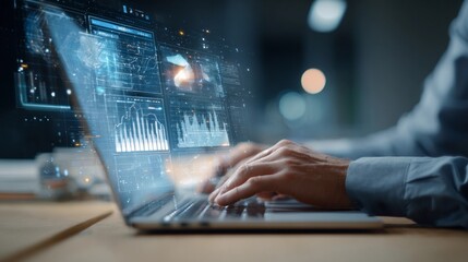 Person working on laptop with holographic data display in modern office environment at night