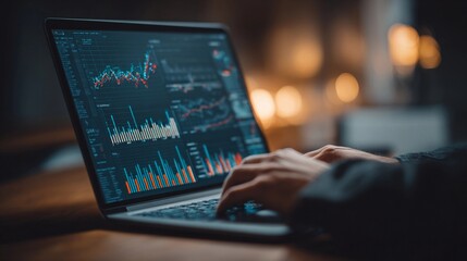 Data analysis on a laptop with various charts and graphs in a warm, ambient setting