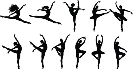 Ballet dancer silhouettes, vector, black, elegant, pose, leap, pirouette, graceful, ballerina, dance, performance, art © Bappi Creatives