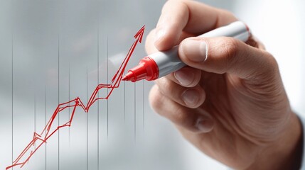 Hand drawing a rising graph with a red marker on a white background, indicating positive growth or financial progress, in a professional environment