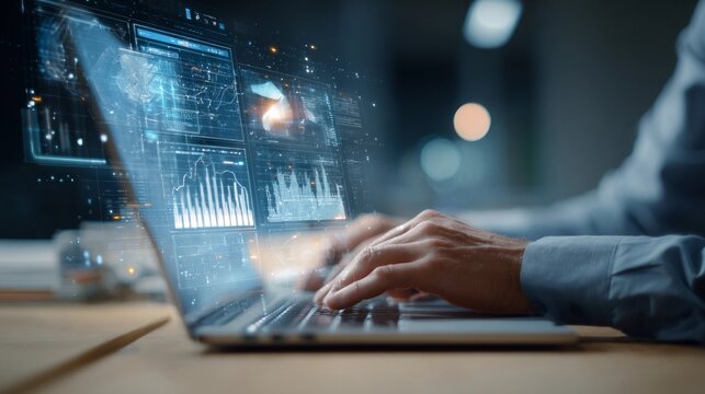 Person working on laptop with holographic data display in modern office environment at night