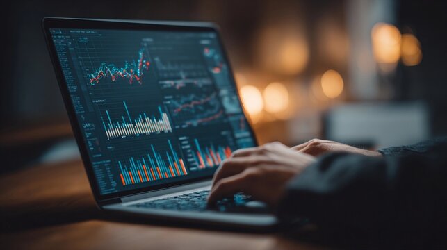 Data analysis on a laptop with various charts and graphs in a warm, ambient setting