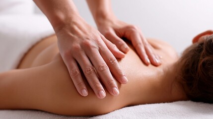 Relaxing massage session at a wellness center featuring a therapist applying pressure on a client&rsquo;s back for stress relief and muscle relaxation