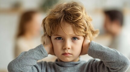 Child covers ears during parents' argument in a living room setting, showcasing the emotional impact of conflict on kids