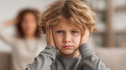 Child overwhelmed by noise in a tense household during the day as a concerned adult is visible in the background