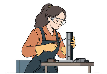 A female mechanic meticulously repairs machinery, wearing safety glasses and gloves. Focused and professional, she embodies skill and precision. Clean, modern illustration.