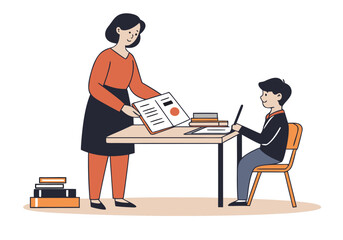 A teacher guides a student at a desk, reviewing a book. Warm colors and a focused setting depict learning and mentorship. Suitable for education and professional themes