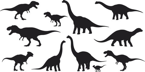 Dinosaur silhouettes, prehistoric animals, black vector, Jurassic creatures, reptile species, fossil era, ancient wildlife, extinct species, flat illustration, outline graphic, CAD drawing
